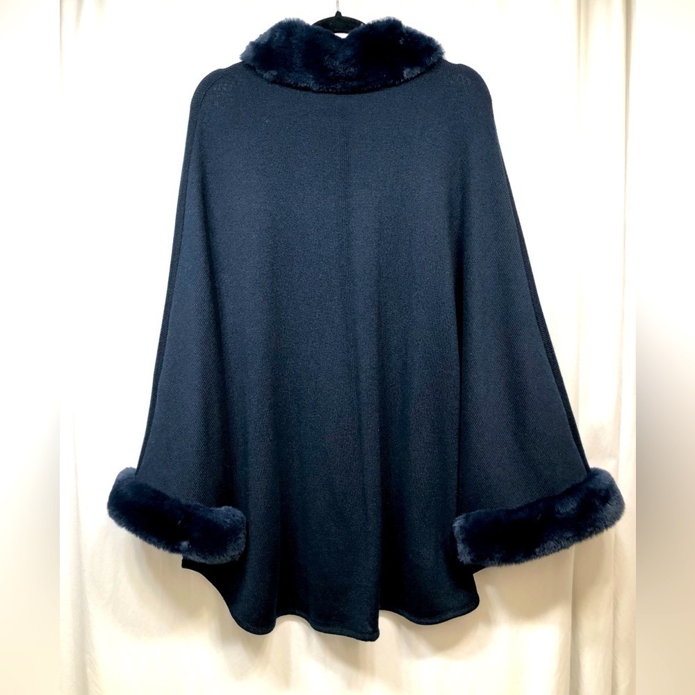 NWT BASLER Cardigan Poncho Cape Navy Blue Knit Faux Fur Size 44 US 12-14 XXL - Picture 5 of 16